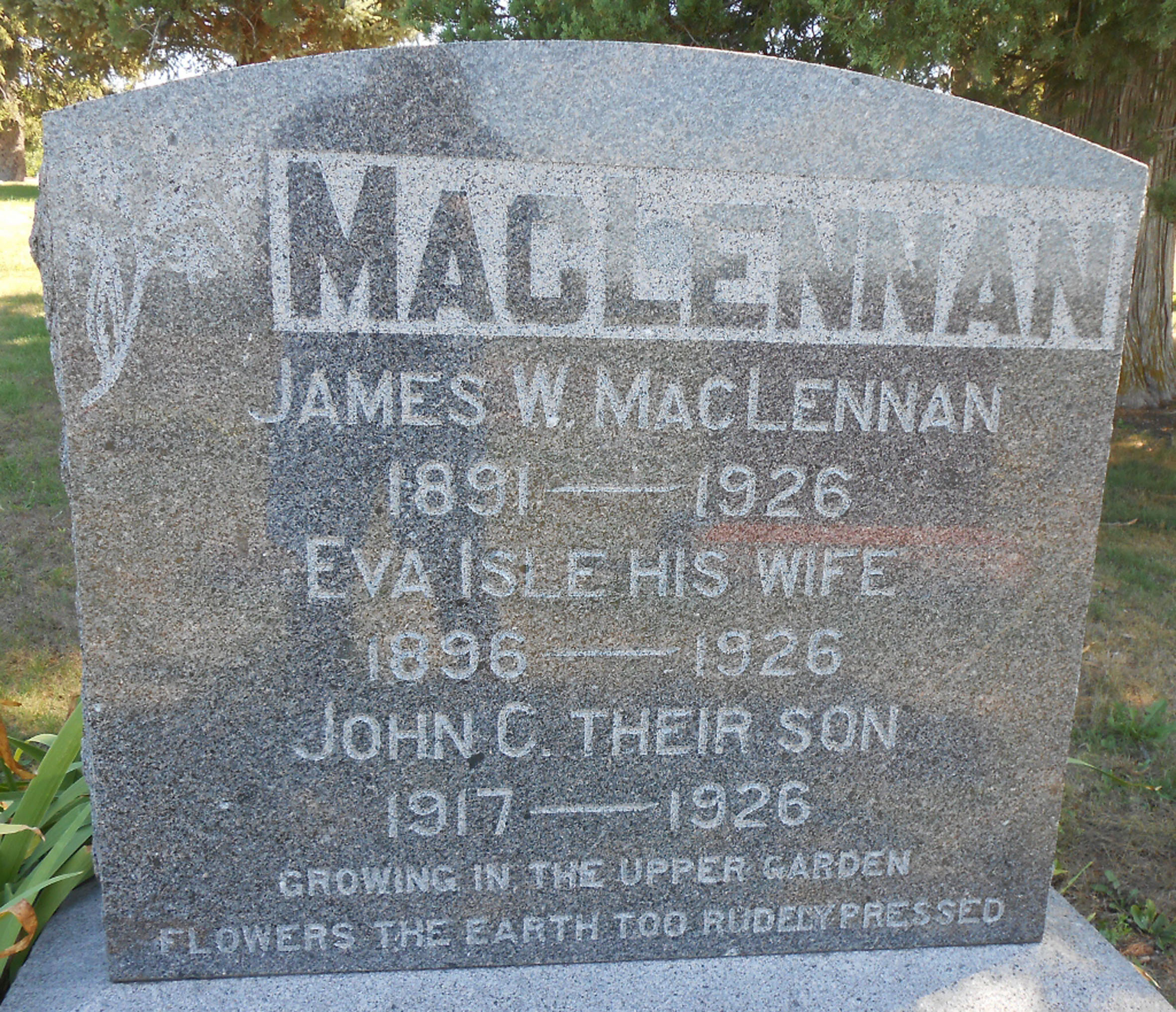 Photo of headstones/James W MacLennan died 1926 MI